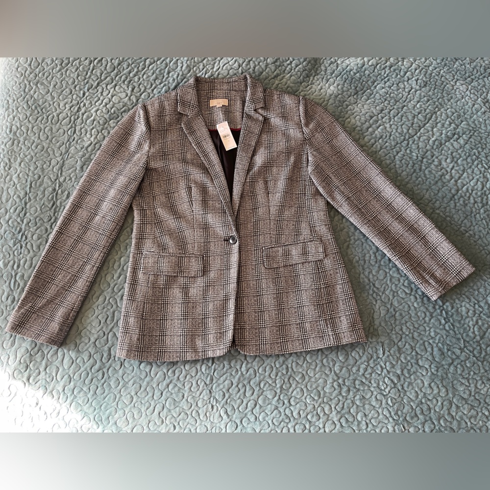 NWT LOFT Women’s Blazer Suit Jacket Sz 12 Black & White Plaid Cotton Blend Lined